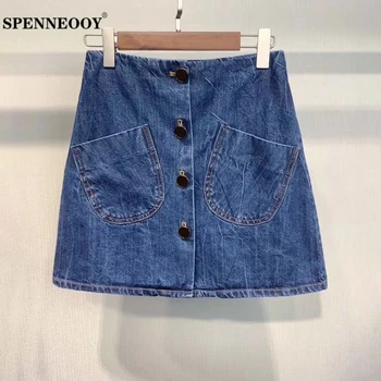 

SPENNEOOY Designer Custom Runway Summer Female Blue Denim Short Skirt Button Pockets Women Fashion Streetwear Mini Skirts