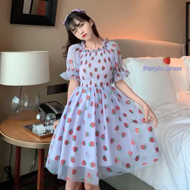 Strawberry Dress Women French Style Lace Chiffon Sweet Dress Casual Puff Sleeve Elegant Printed Kawaii Dress Women 2021 New 2