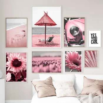 

Pink Tulip Sunflower Sea Beach Car Quotes Wall Art Canvas Painting Nordic Posters And Prints Wall Pictures For Living Room Decor