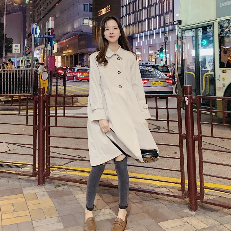 

Trench Coat Women's Mid-length 2019 Spring New Style Students Korean-style Slimming Elegant Hem Large Pocket Thin Coat