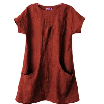 

New round neck features large pocket cotton linen short sleeve loose top T-shirt