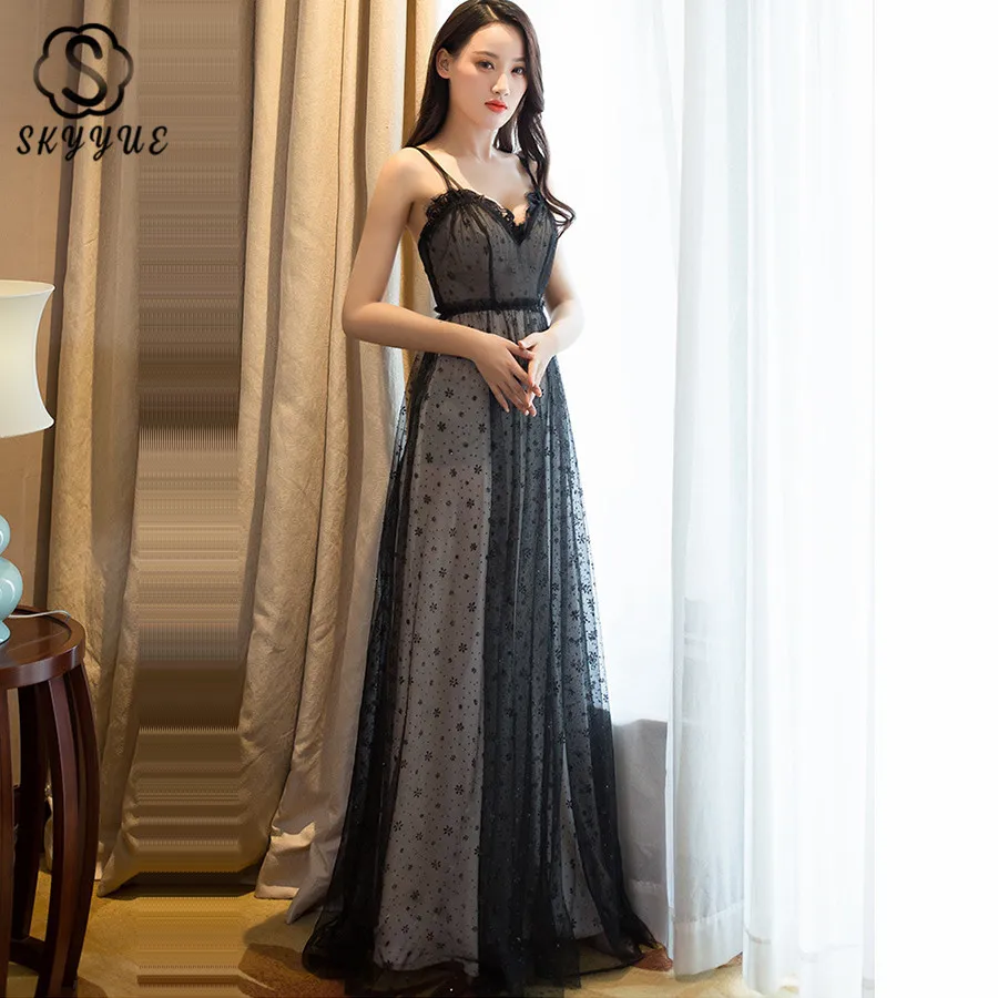 

Skyyue Floor Length Elegant Prom Dress Bling Crystal Prom Gown Sling Backless Long Dresses for Prom Sleeveless Vestido 2019 H092