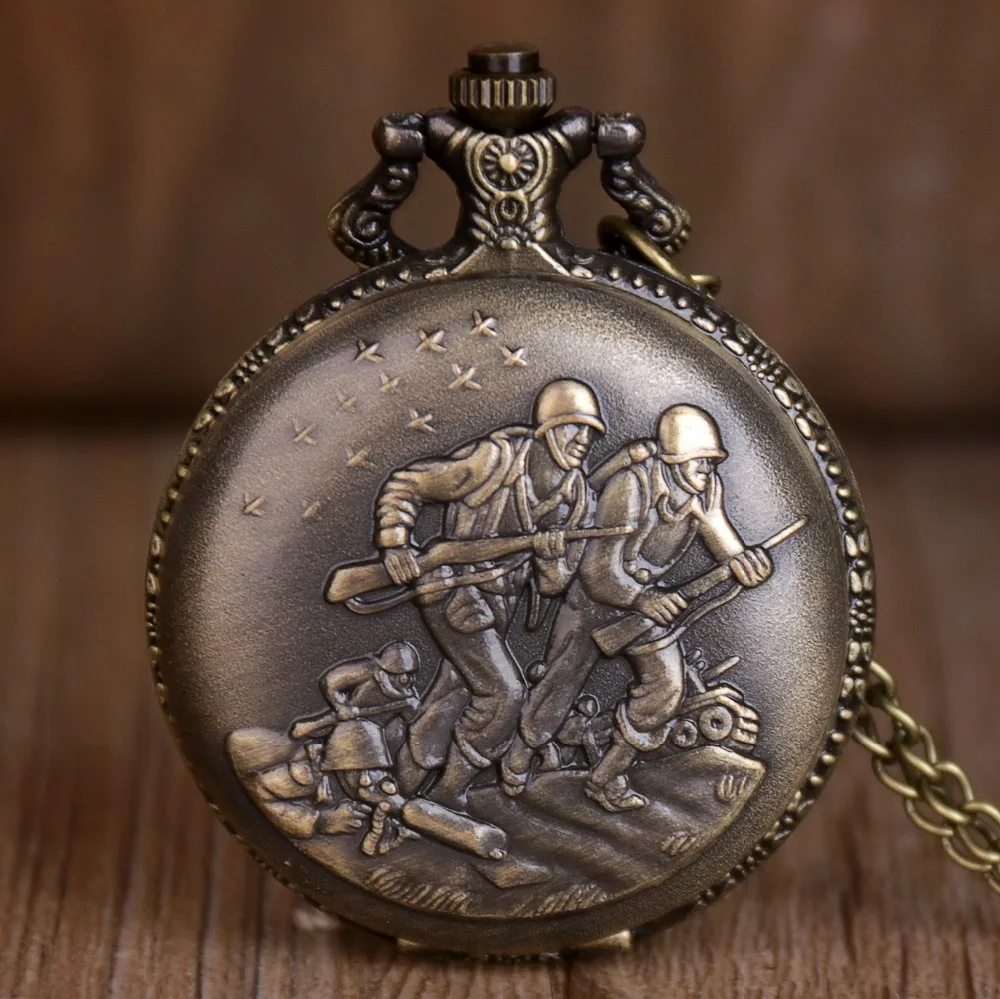 Винтажные бронзовые армейские кварцевые карманные часы, классическое ожерелье унисекс, часы с подвеской, подарки для мужчин