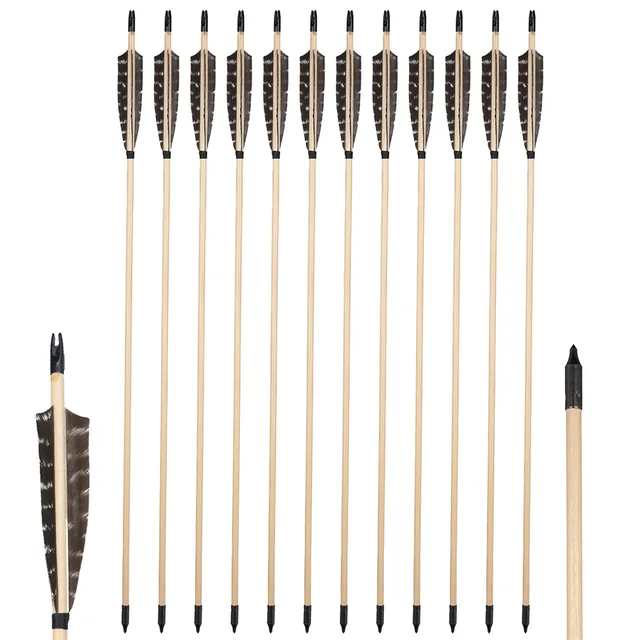 Frecce In Legno Con Piume Naturali - Set 12 Frecce Da 31 Pollici | Per Arco Tradizionale E Ricurvo - Foto 4