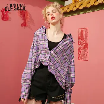 

ELFSACK Purple Plaid Original Graphic Print Casual Blouse Women 2020 Spring Vintage Green Long Sleeve Korean Ladies Daily Tops