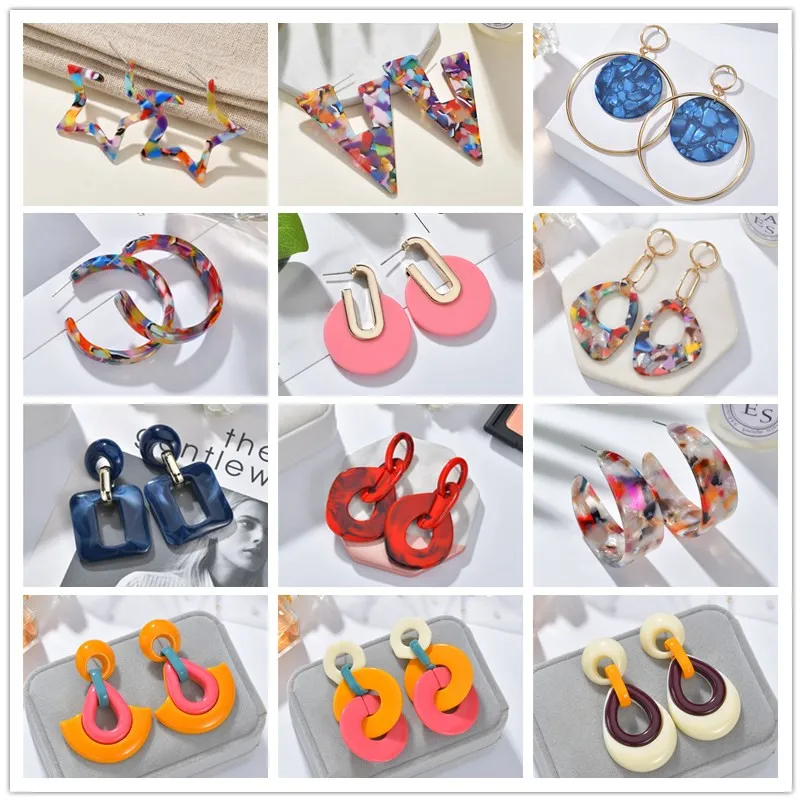 

2019 Korean Vintage Acrylic Geometry Oval Big Earrings Set Circle Round Exaggerated Resin Dangle Ear Jewelry Brincos