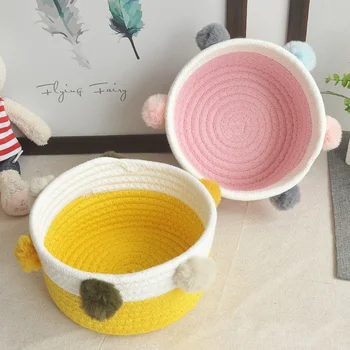 

Nordic Cotton Rope Woven Storage Basket Desktop Sundries Storage Barrels with Hair Balls Decor Collapsible Basket