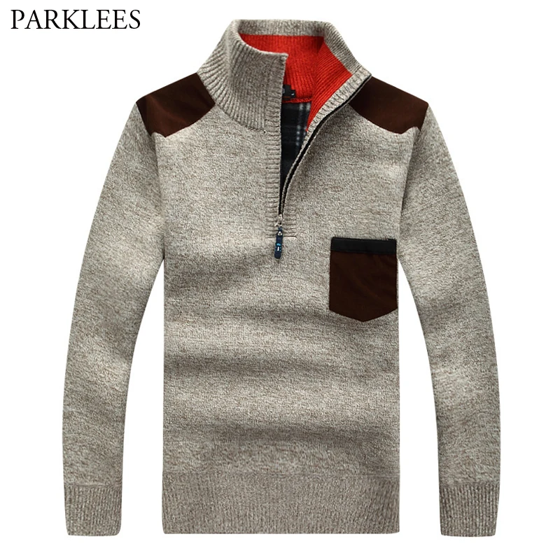Thick Warm Patchwork Mens Pullover Sweater Turtleneck Half Zip Mens Sweaters Fashion Pocket Splice Men Winter Long Sleeve Coat Thick Warm Patchwork Mens Pullover Sweater Turtleneck Half Zip Mens Sweaters Fashion Pocket Splice Men Winter Long Sleeve Coat