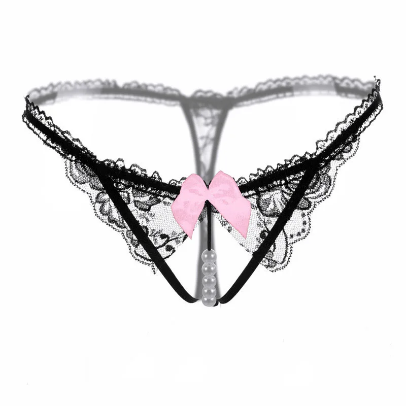 

Womens Sexy Panties Lingerie Lace Crotchless Open Crotch Thong G-Strings with Pearl Massaging Beads Erotic Underwear Briefs