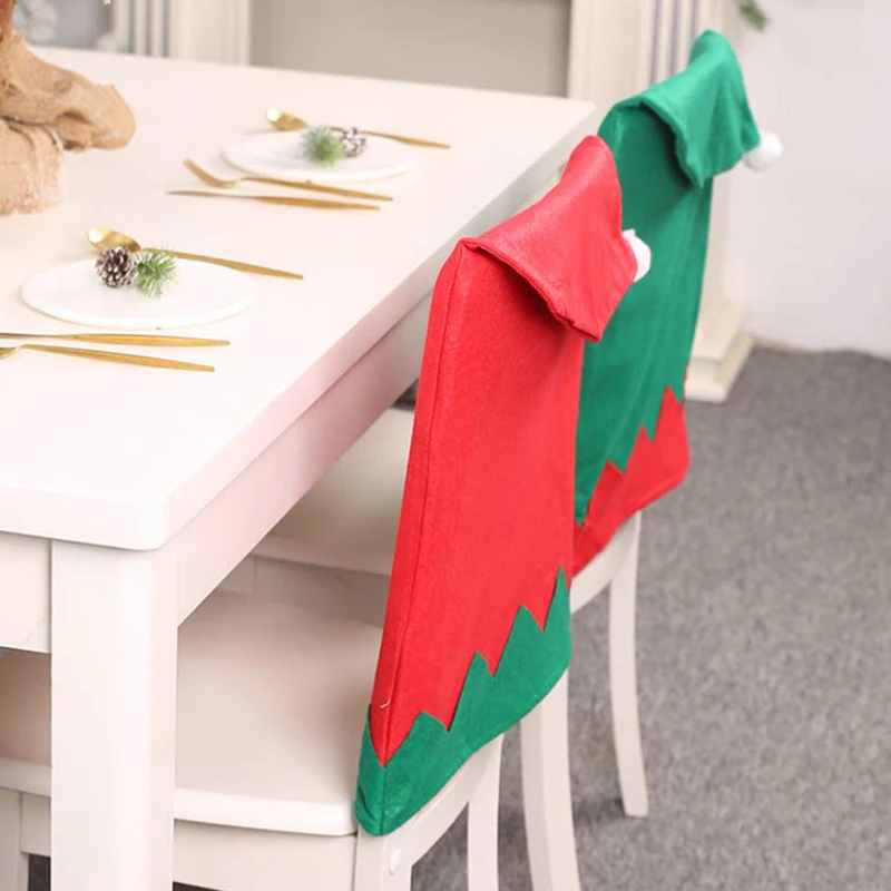 6Pcs Christmas Chair Covers Santa Claus Hat Slipcovers Christmas Elf Hat Chair Back Covers Decoration Red and Green
