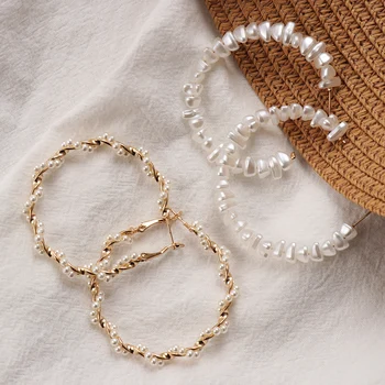 

New Oversize Pearl Hoop Earrings For Women Girls Unique Twisted Big Earrings Circle Earring Brinco Statement Fashion Jewelry