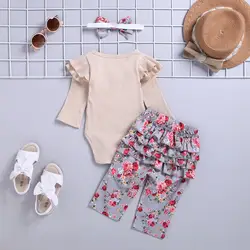 Весенне-осенний Милый хлопковый комплект одежды для маленьких девочек, штаны с цветочным принтом + однотонный комбинезон, топ + цветочный