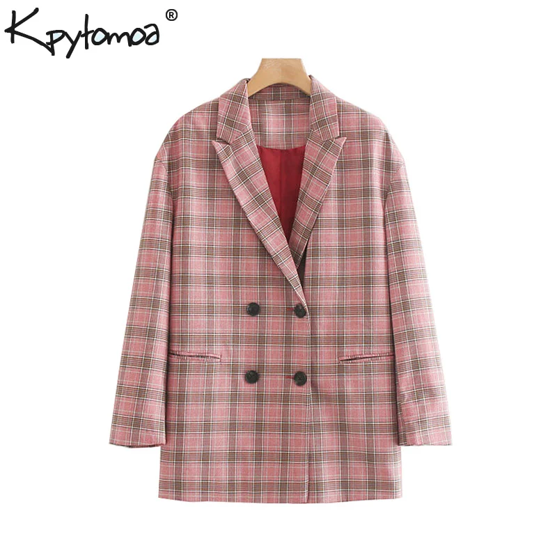 

Vintage Stylish Double Breasted Checkered Blazer Coat Women 2019 Fashion Notched Collar Long Sleeve Pockets Loose Chic Outerwear