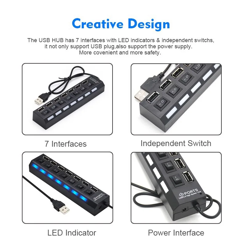 Acessórios com Adaptador de Energia para pc 2.0 com 4 Portas Hub Usb 2.0 ou 7 6 High Quality Computador e Escritório