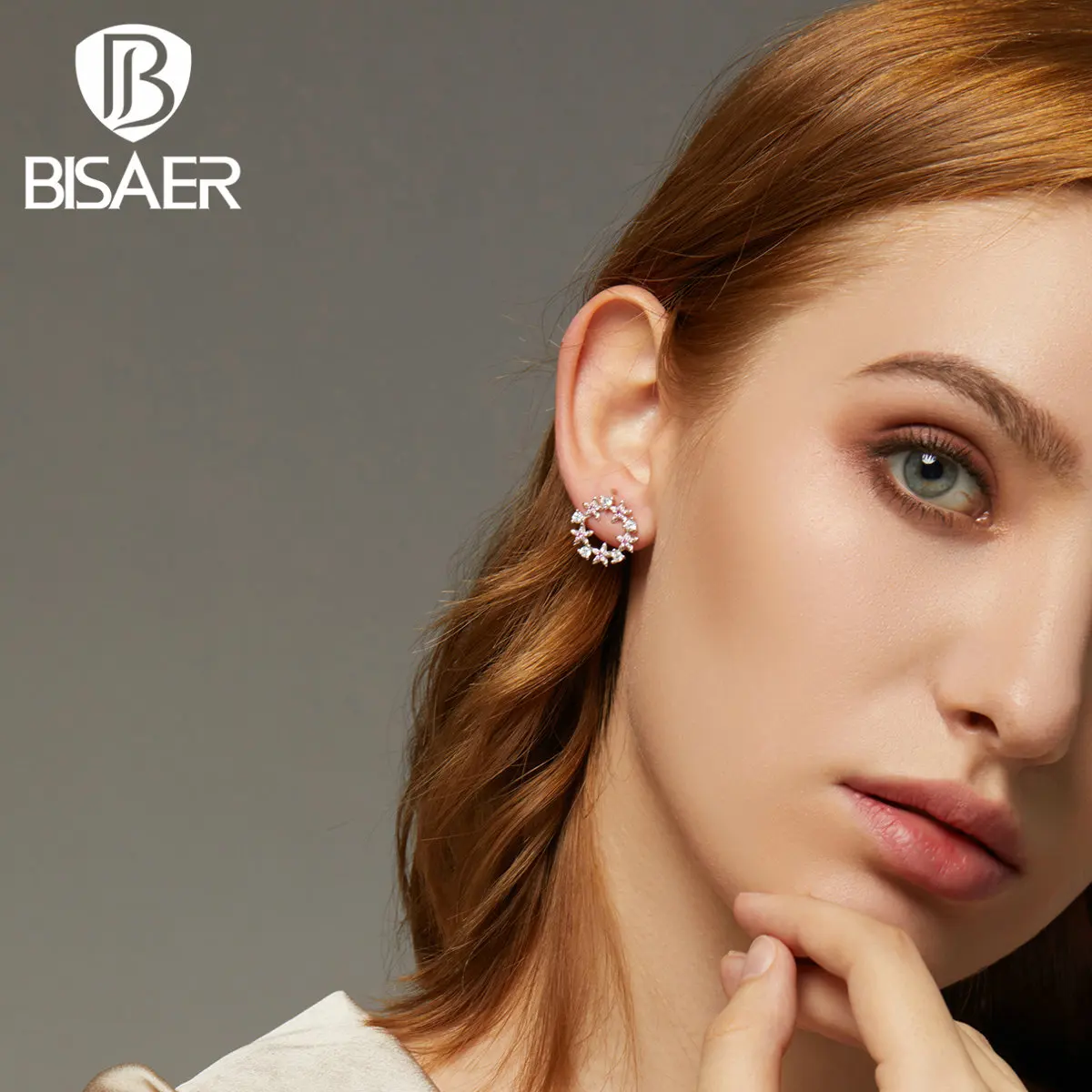 Серьги в виде цветка, BISAER, серебро 925 пробы, феи, кольцо, розовый кубический циркон, серьги-гвоздики для женщин, серебряные ювелирные изделия EFE307