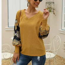 Bohisen 2019 New Women Fashion Pullovers Knitted Sweater Autumn V Neck Lantern Sleeve Boho Knit Patchwork Sweater Loose Sweater Bohisen 2019 New Women Fashion Pullovers Knitted Sweater Autumn V Neck Lantern Sleeve Boho Knit Patchwork Sweater Loose Sweater
