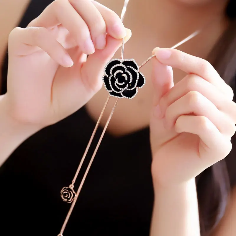

Camellia Flowers Luxury Sweater Chain Jewelry Collier Femme Sweater Chain Long Necklace For Women