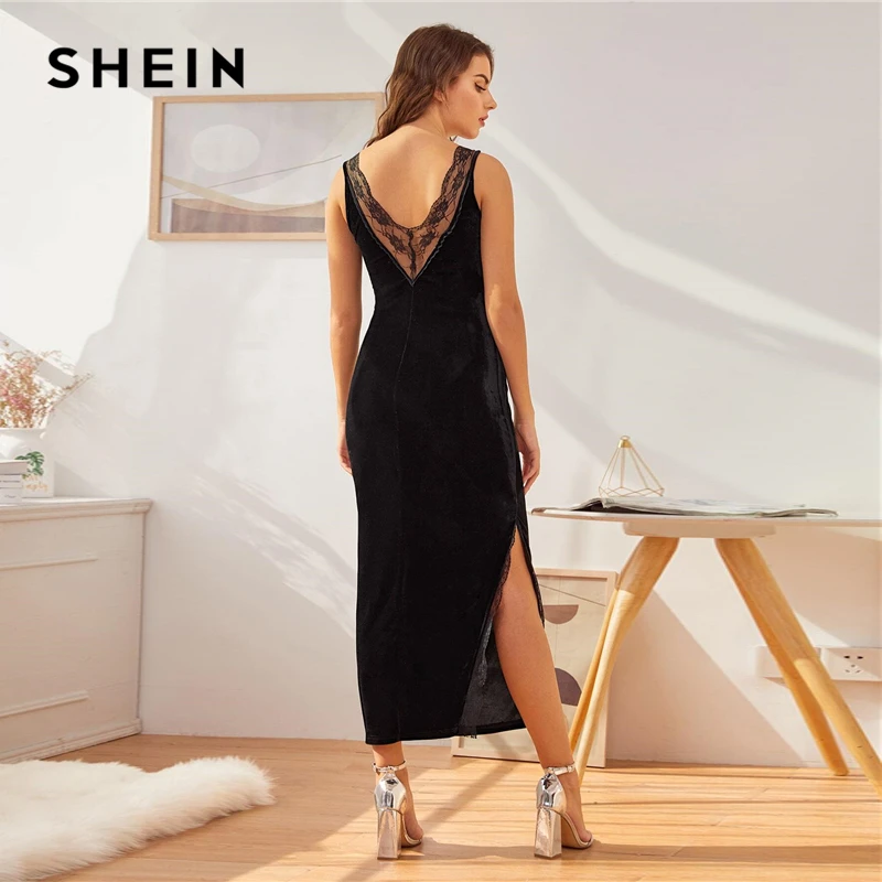 Черная кружевная ночная сорочка SHEIN с разрезом на Подоле и V образным вырезом