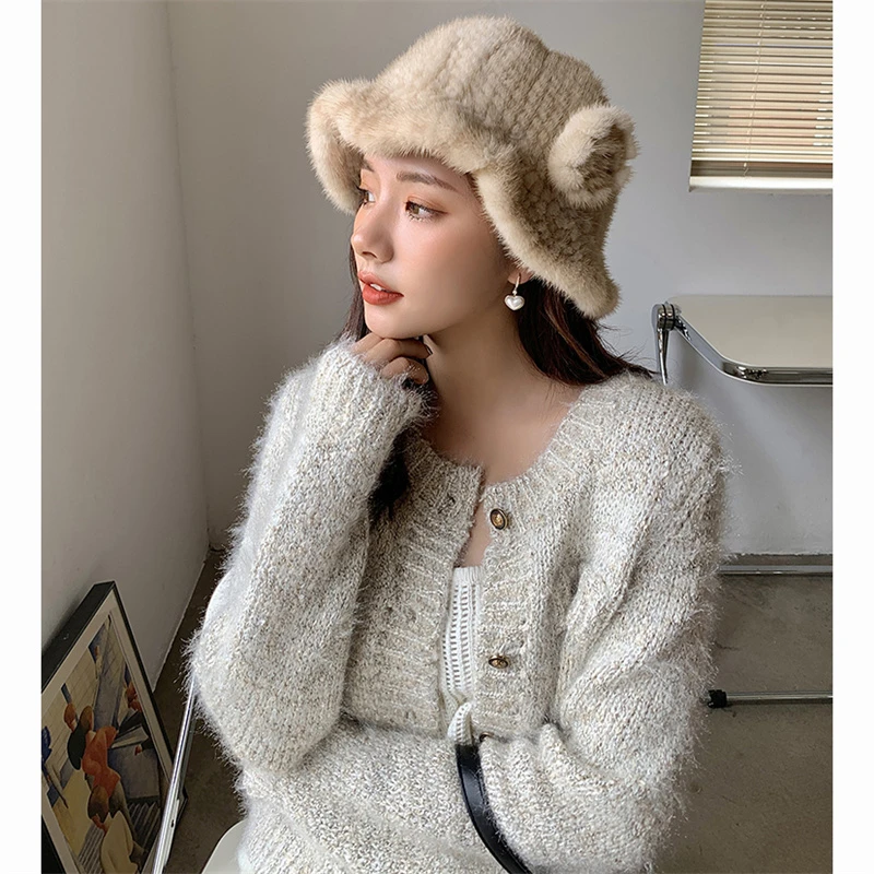 2021 New Fashion Winter Women's Mink Fur Bucket Hat Woven Mink Soft Warm Fishing Hat Outdoor Vacation Girl Hat best bucket hats