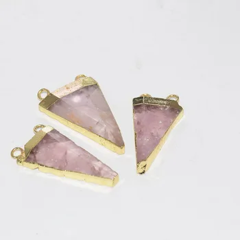 

Big Natural Gem Stone Arrows Pendant femme 2019 Pink 2 Loops Love Rose Crystal Quartz triangle connector for women necklace gift