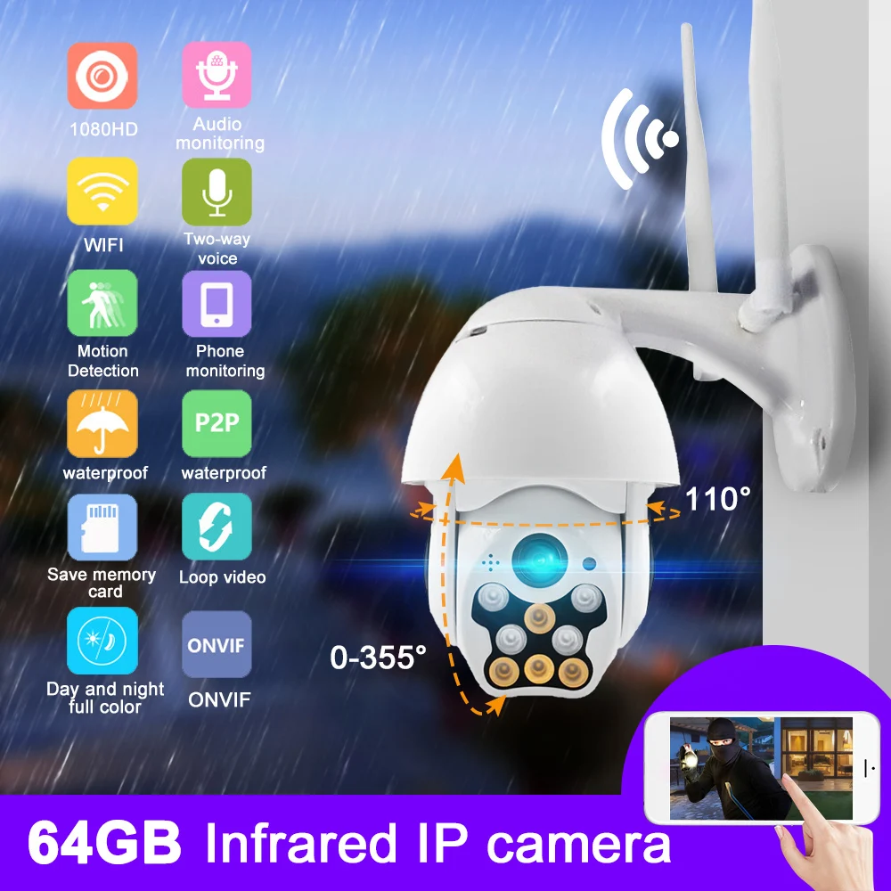 Ip-камера Wifi 1080P высокоскоростная Wifi камера 8 Светодиодный светильник 2-Way Talk Pan Tilt наружная Водонепроницаемая камера наблюдения