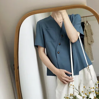 

2020 Women's Shirt V-neck Diagonal Buckle Short-sleeved Shirt