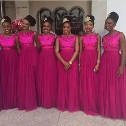 Африканские платья подружки невесты цвета фуксии длинные кружевные трапециевидные на молнии длиной до пола дешевые свадебные платья для