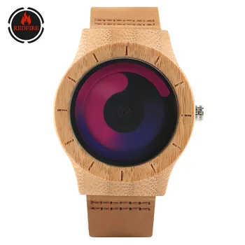 

REDFIRE Colorful Swirl Display Maple Wood Watch Men's Genuine Leather Watches Unique Men Women Wooden Clock reloj masculino