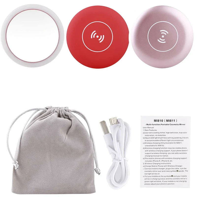 

Wireless Charging LED Makeup Mirror Portable Round 3 Modes Adjustable for Women QP2