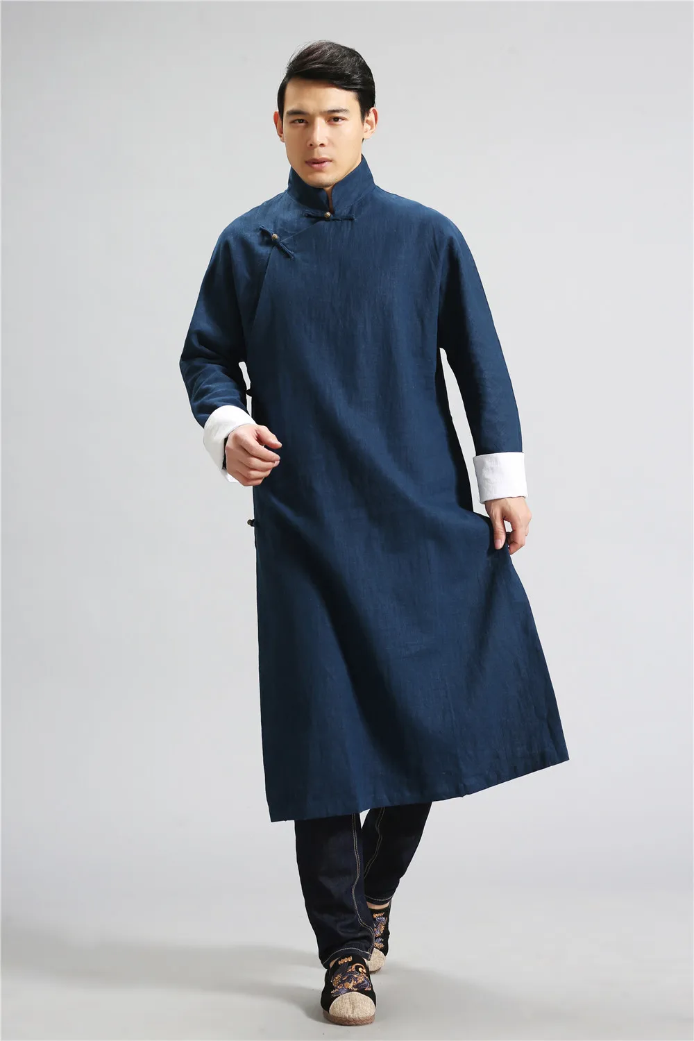 Мужской китайский стиль, Свободный Повседневный льняной хлопок и конопля, черное пальто, мужской кардиган, кунг-фу, крыло Чун - Цвет: Синий