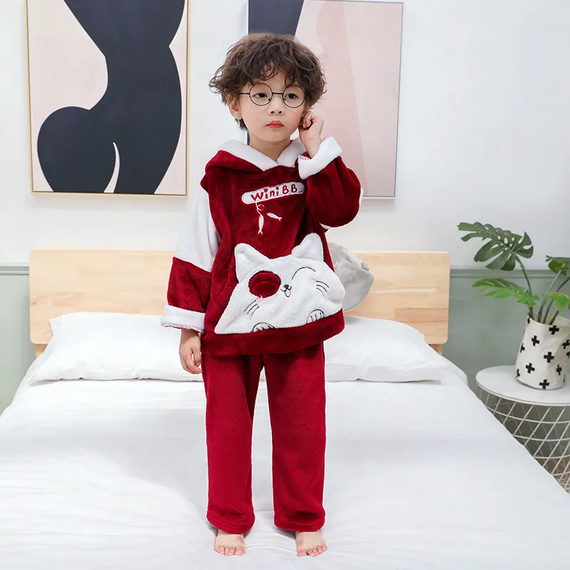 Winter Flannel Kids Pajamas Sets Warm Sleepwear Cartoon CAT Print Baby Girls Boys nightwear Children Girls 1 2 3 4 5 YEARS