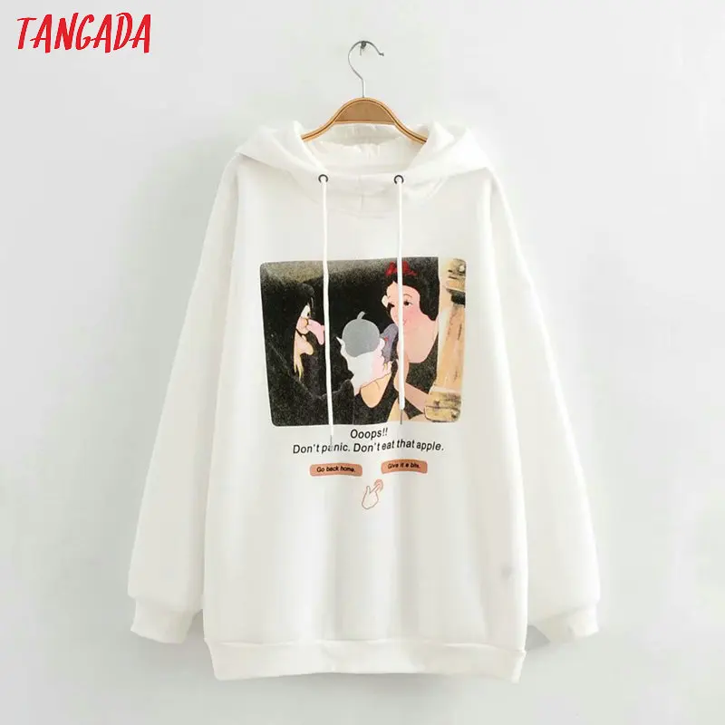 Tangada women charater print white hood sweatshirts oversize long sleeve loose pullovers casual ladies tops 2R02