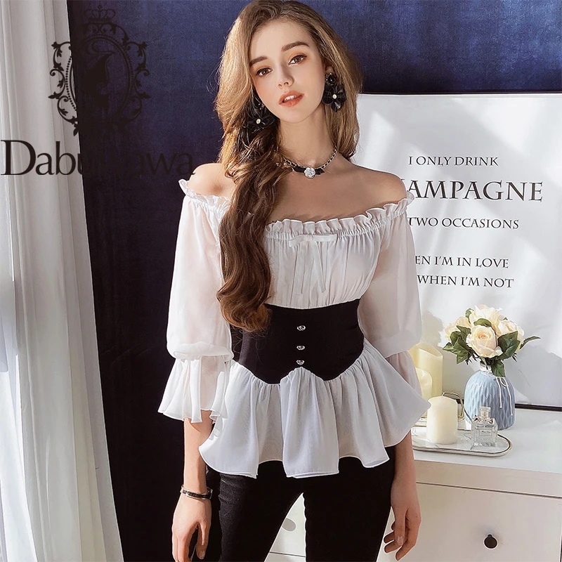 Dabuwawa blusa blanca lisa hombros descubiertos para mujer, camisa Sexy de manga con volantes para vacaciones, Blusas playeras para mujer DO1AST030| Blusa| - AliExpress