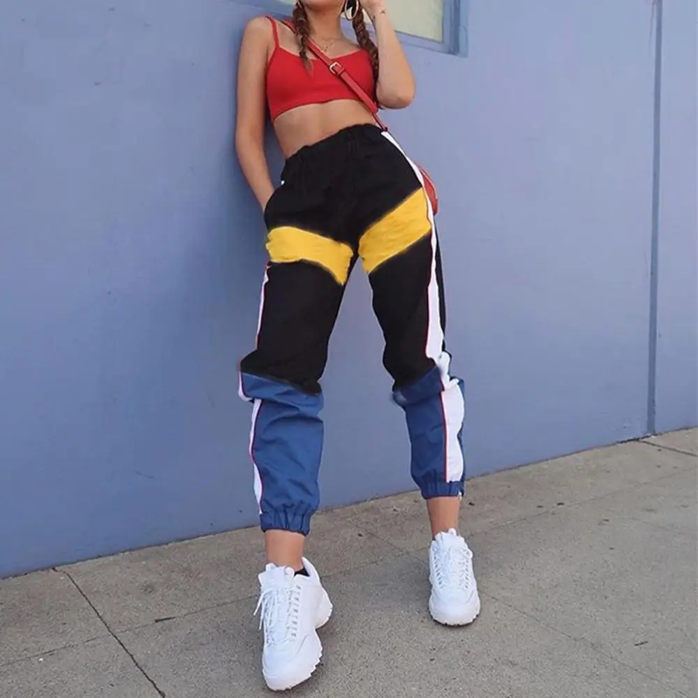 Fashion Women High Waist Patchwork Pants Black Pencil Pants Streetwear Cargo Pants Loose Jogger Trousers Women Sweatpants