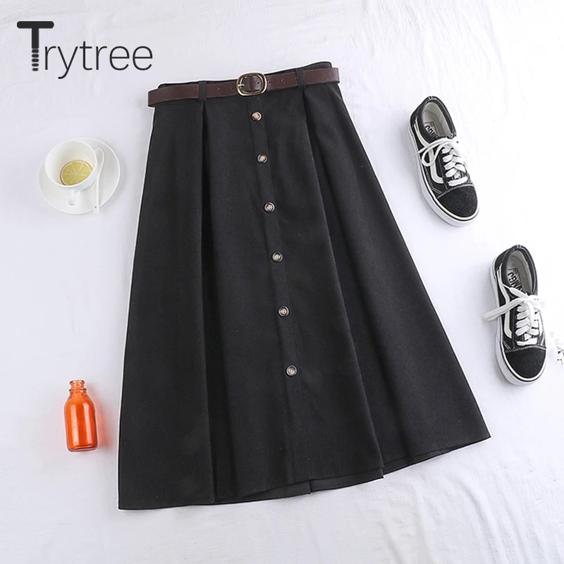 Trytree/, осенне-зимняя женская повседневная юбка в стиле ампир, 5 цветов, трапециевидная модная юбка на элегантных кнопках, пояс до середины икры, Офисная Женская юбка