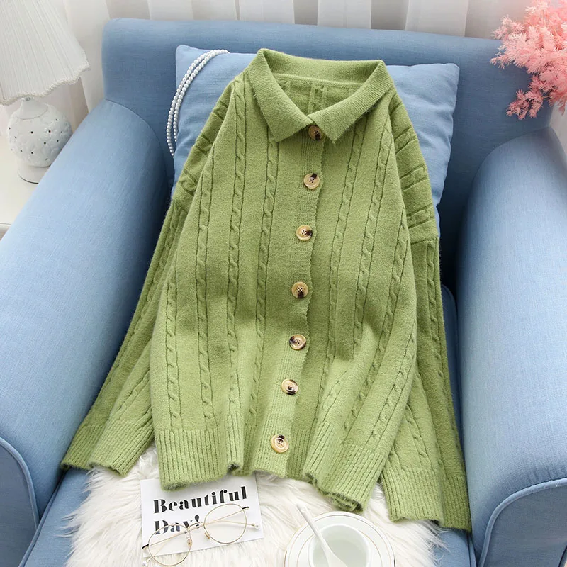 

vintage twisted women sweater and cardigans turn-down collar solid green loose lady female outwear coat tops