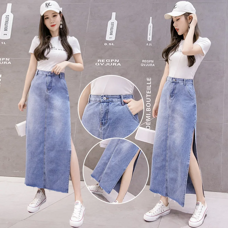 

2020 Spring New Style Denim Skirt High-waisted Sheath One-step Skirt Slimming Slimming Hip Straight-Cut Slit-Side Long Skirts Wo