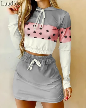

Women Two Piece Set Bodycon MIni Skirt Heart Print Colorblock Tie Dye Hooded Crop Hoodies Skirt Set