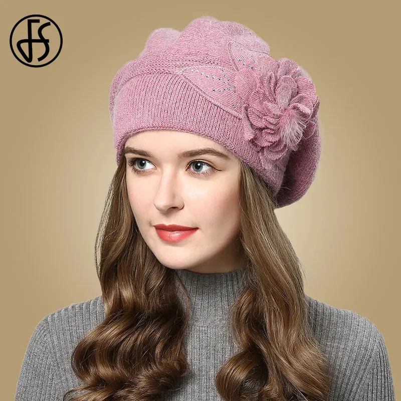  - FS Women Berets Knitted Wool Hats Winter Flowers Warm Female Cap Girls Beanies Rabbit Fur Hat Gorros Bonnet Femme Hiver 2020