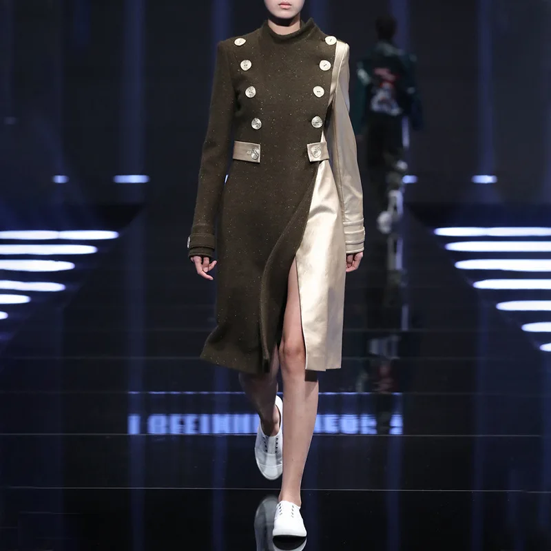

Vintage Woman Woolen Coat Long Sleeve High Waist Conntract Color Patchwork Split Thick Coats Fall Winter Clothes