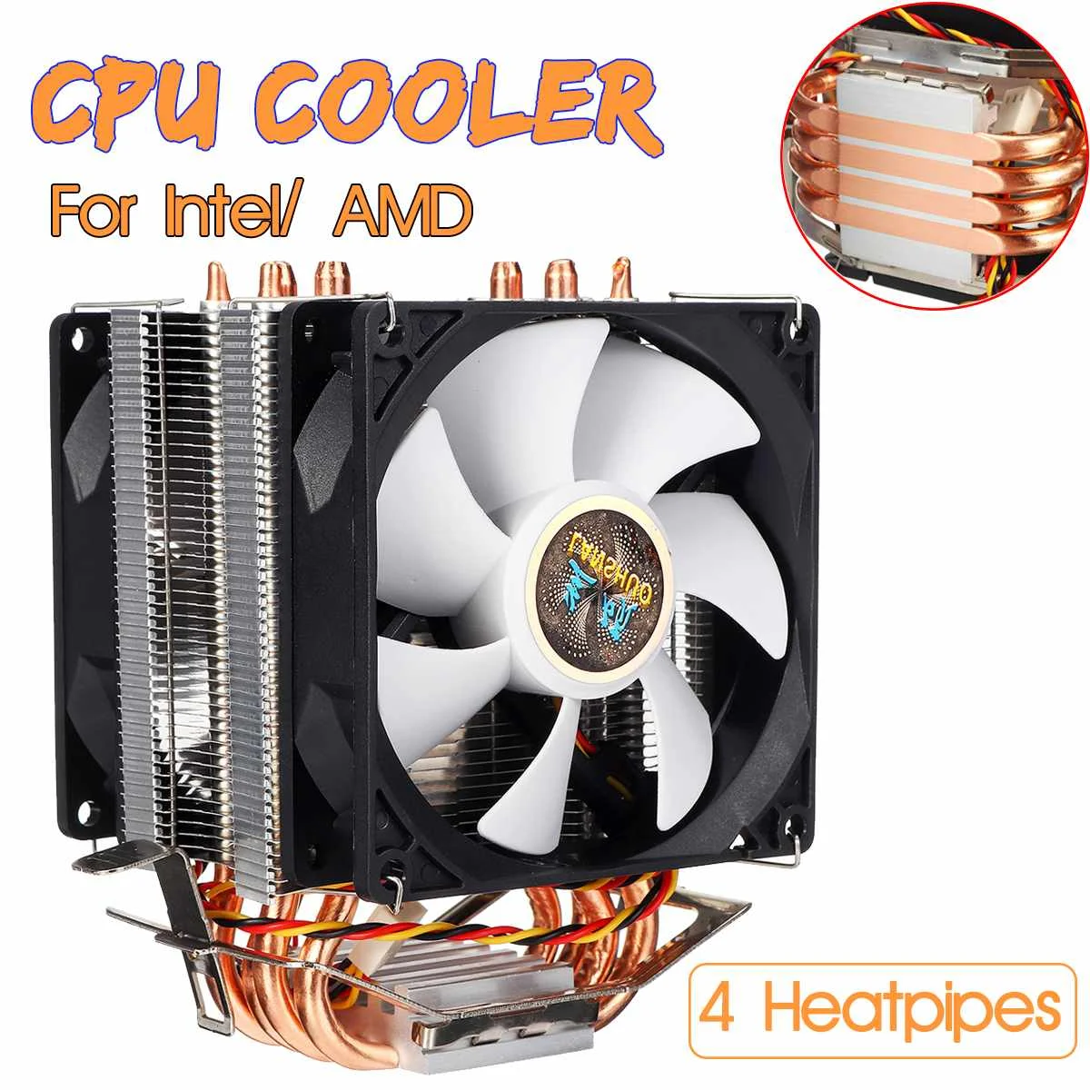 Кулер для процессора Intel LGA 1150/1151/1155/1156/1366/775 AMD 3 контакта 4 тепловые трубки |