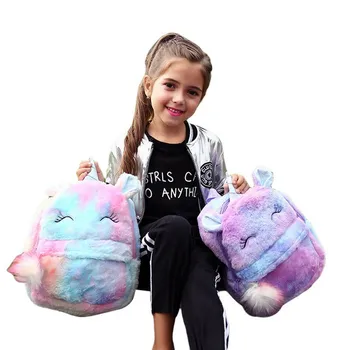 

Girl Plush Backpack Cute Animal Bookbag Lightweight Travel Daypack Pom Pom Zipper Kids Spliced Color Zipper Shoulder Bags