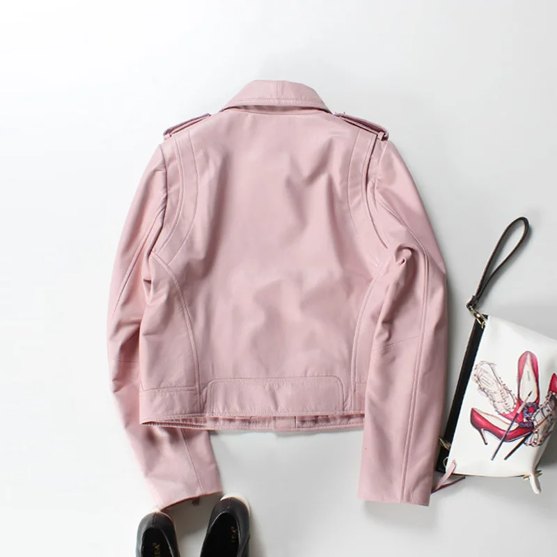 

2020 Autumn Genuine Leather Jacket for Women Pink Black Zipper Moto Sheepskin Vintage Basic Jacket Women Winter Coat Streetwear