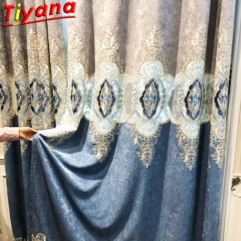 

Blue/Grey Stitching Luxury Chenille Embroidery Curtains for Living Room Semi-Blackout Geometric Hollow Out Window Drapes *VT