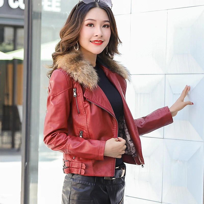 Red leather coat with fur collar Clearance