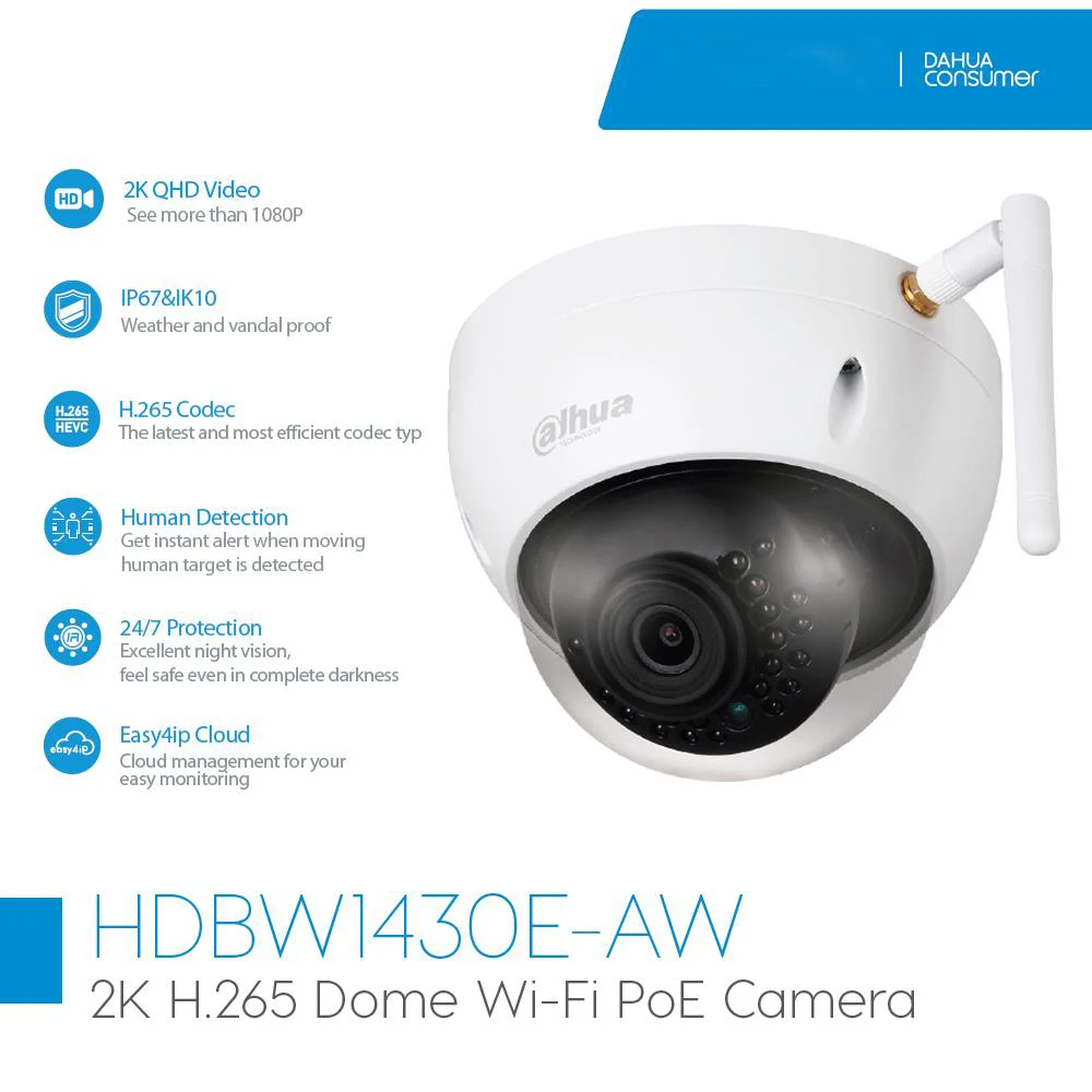 

Original Dahua Mini Dome IP Camera Wireless IPC-HDBW1430E-AW 4MP WiFi camera 30M IR SD Card Slot H.265 Cloud K10 security Camera