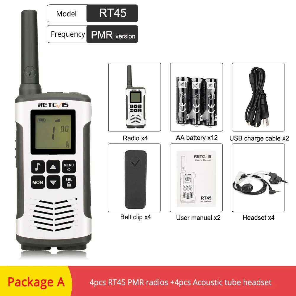 4 шт. Retevis RT45 PMR рация PMR радио+ 4 шт. гарнитура PMR 446 МГц FRS Walky Talky Профессиональный трансивер для Motorola TLKR - Цвет: PMR Radio