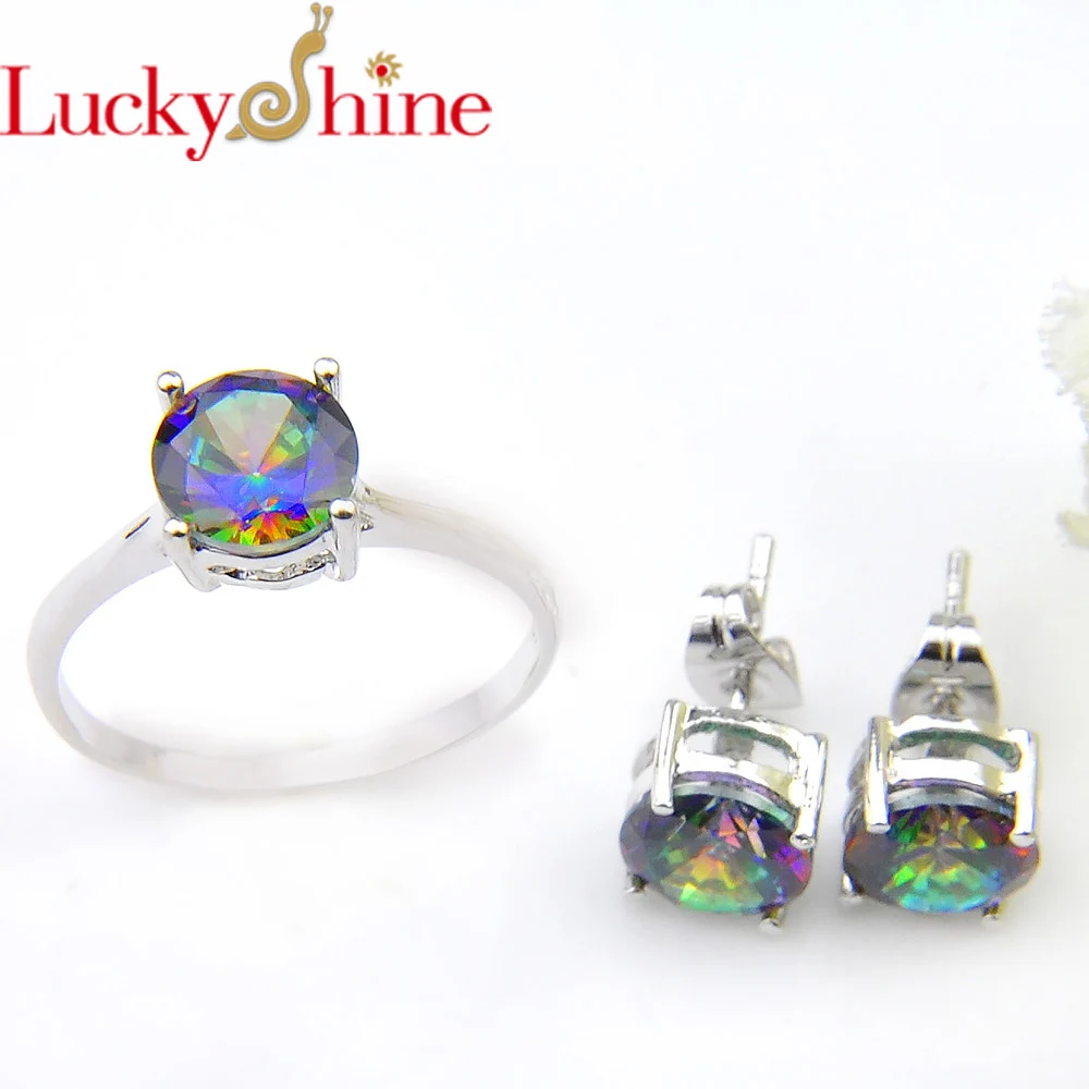 Мода Luckyshine Новый Серебряный Циркон с радужным блеском свадебные аксессуары ювелирные изделия круглое кольцо и серьги гвоздики для