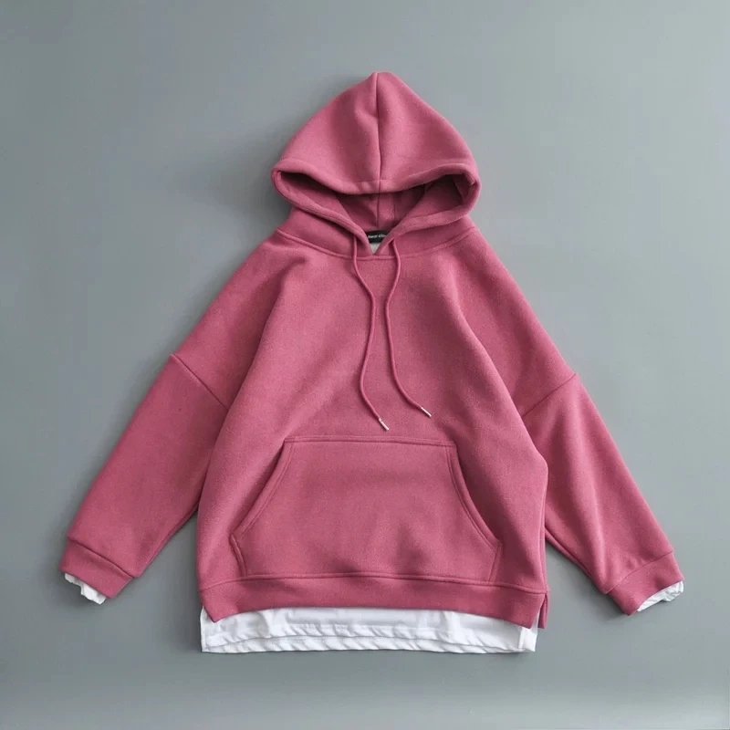 pink Зимние толстовки для женщин однотонные топы с капюшоном женские свободные толстовки с длинным рукавом Зимние Бархатные теплые толстые пальто 7 цветов - Цвет: pink