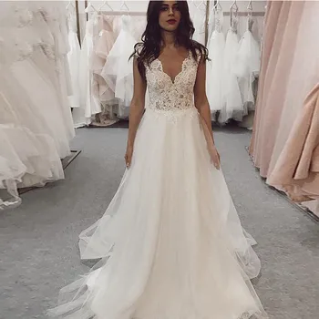 

V-Neck Lace Appliques A-Line Wedding Dresses Tulle Bridal Gowns Sleeveless Custom Made Formal Long Women Wedding Dress